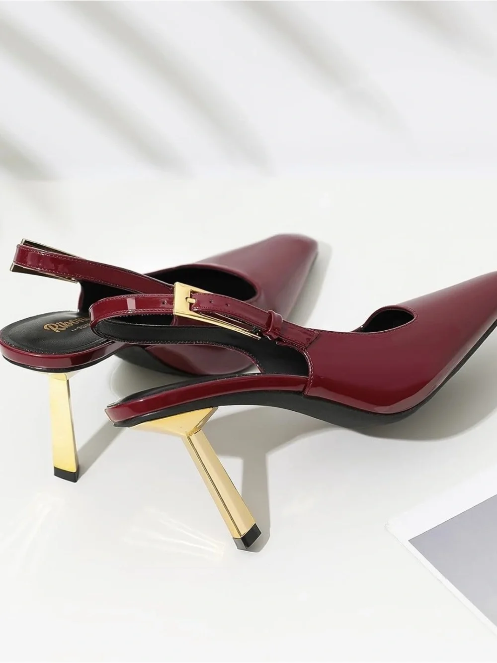 Burgundy Pointed-Toe Slingback Pumps with Gold Heel